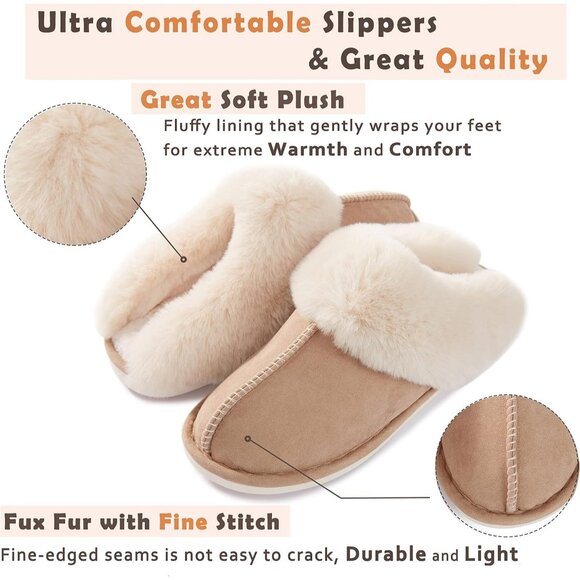 Women's Tan Fluffy Cozy Winter Warm Memory Foam Slip On Slippers Shoes - Picture 3 of 6